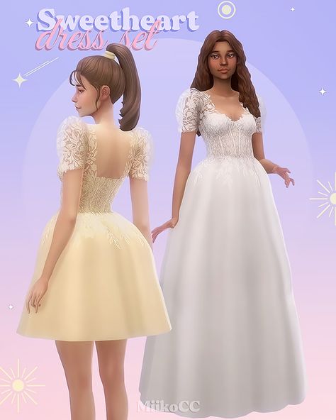 Sweetheart dress set | Miiko on Patreon Soft Sims 4 Cc Clothes, The Summer I Turned Pretty Sims 4 Cc, Sims 4 Prom Dress Cc Maxis Match, Sims 4 Wedding Dress, Mods Sims 4, Cc Packs, Die Sims 4, Pelo Sims, The Sims 4 Packs