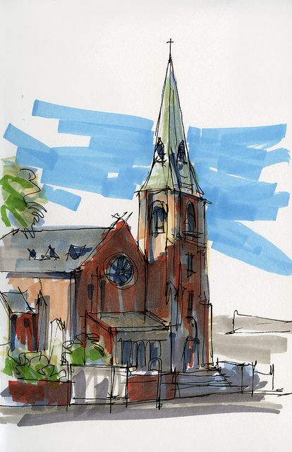 Pen And Marker Drawings, Marker Urban Sketch, Colored Pencil Architecture, Marker Sketch Architecture, Art Markers Drawing Ideas, Brush Marker Art, Sketch Markers Drawing, Watercolor Marker Art, Colored Pencil Drawing Ideas