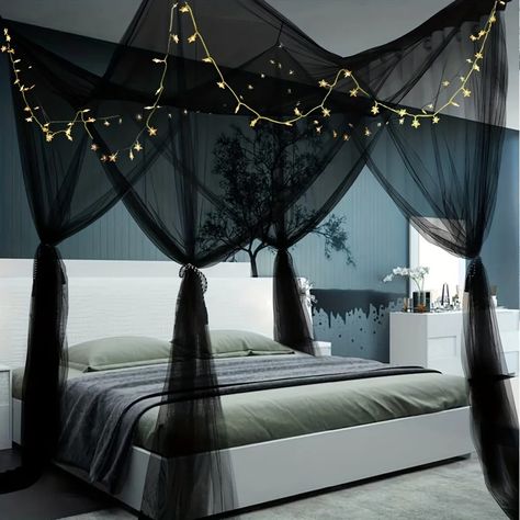 Use code: afu04029 4 Poster Bed Canopy, White Bed Canopy, Girls Princess Bedroom, Black Room Decor, Bed Drapes, Letto King Size, Canopy Bed Curtains, Canopy Curtains, Bed In Corner