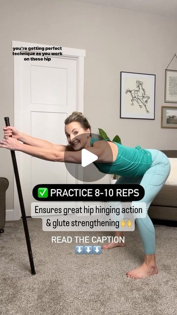 Megan Dahlman on Instagram: "💥The “Hip Hinge”💥 I put the Hip Hinge in the category of MANDATORY EXERCISES FOR EVERYONE OVER 40. Seriously.   👉 Knowing how to properly fold/hinge at your hips and NOT round over at your low back to bend over will really save your bacon anytime you go to pick something up.   Plus, practicing this move over and over again will strengthen your hips/glutes and your core. Making you even more resilient for many years to come. It’s a win-win! 🙌   ➡️ Watch out though!!! When you first practice the hip hinge, your back may want to round over since that could be your default movement pattern (without realizing it). 😬 By using a dowel of some sort like this, it will guide you into proper technique and start training those hips the right way. 👍   Grab a curtain r Hip Hinge Workout, Hip Hinge Exercise, Hinge Exercises, Mobility Stretching, Exercise Legs, Beginner Exercise, Glute Strengthening, Hip Hinge, Movement Pattern