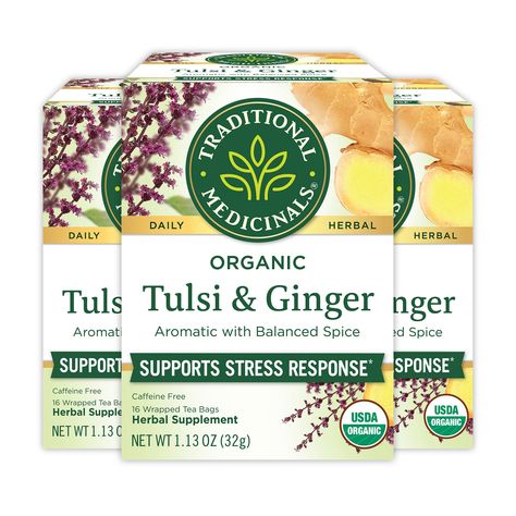 Tulsi &amp; Ginger Tea - 3-Pack (3 x 16 tea bags) $16.72 Tea With Ginger, Warm Drinks Recipes, Apple Cider Vinegar Tonic, Nettle Leaf Tea, Tea For Digestion, Ginger Rhizome, Tulsi Tea, Lemon Balm Tea, Ginger Plant