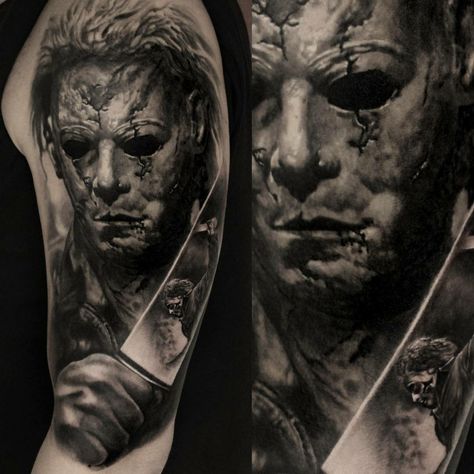 Micheal Myers Tattoo, Freddy Krueger Tattoo, Michael Myers Tattoo, Tattoos Chest, Tattoo Halloween, Horror Movie Tattoos, Sun Tattoo Designs, Movie Tattoo, Movie Tattoos