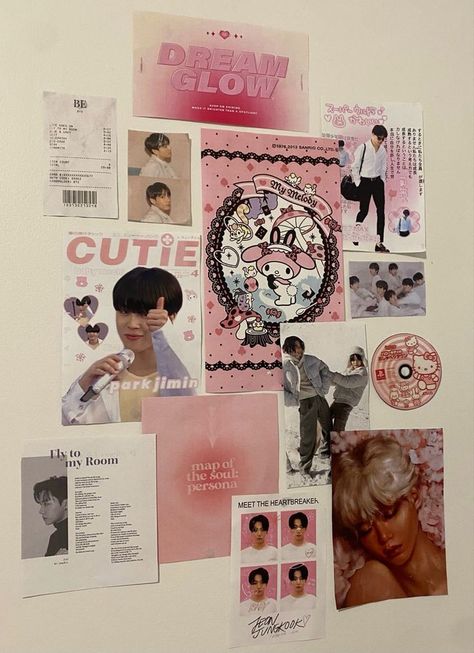 Coquette Room Posters Kpop, Coquette Photo Collage Wall, Kpop Photo Wall Ideas, Dorm Room Decor Pictures, Diy Wall Photo Collage, Pink Poster Wall Bedroom, K Pop Wall Decor Ideas, Kpop Poster Collage Wall, Pink Dorm Wall Art