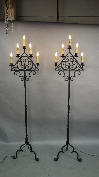 Pair Of Wrought Iron Tall Torchieres, Antique Floor Lamps, Antique and Spanish Revival Lighting: Sconces,Chandeliers etc. at Revival Antiques Candelabra Floor Lamp, Floor Candelabra Wrought Iron, Floor Candelabra, Monterey Furniture, Wrought Iron Floor Lamps, Antique Floor Lamps, Wrought Iron Beds, Witchy Room, Wrought Iron Candle