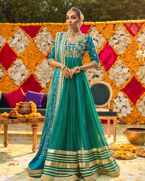 Rohina - Long kalidar in peacock shades featuring gorgeous zardozi embroidered details on bodice and sleeves, the hemline of kalidar is… | Instagram Mehndi Party Dress, Annus Abrar, Mehendi Dress, Mehndi Party, Peacock Fabric, Mehndi Dress, Raw Silk Fabric, Party Dresses Online, Pakistani Bridal Dresses