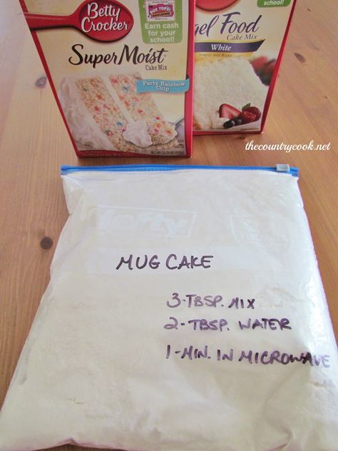 3-2-1 Cake    Mix 1 box cake mix and 1 box angel food cake mix.  Keep in pantry.    To make individual serving, combine 3 T. mix, 2 T. water, 1 minute in microwave.    Top with cool whip or frosting. 321 Cake, Angel Food Cake Mix, Microwave Mug Recipes, Mug Cake Microwave, Angel Food Cake Mix Recipes, The Country Cook, Mug Recipes, Angel Cake, Microwave Cooking