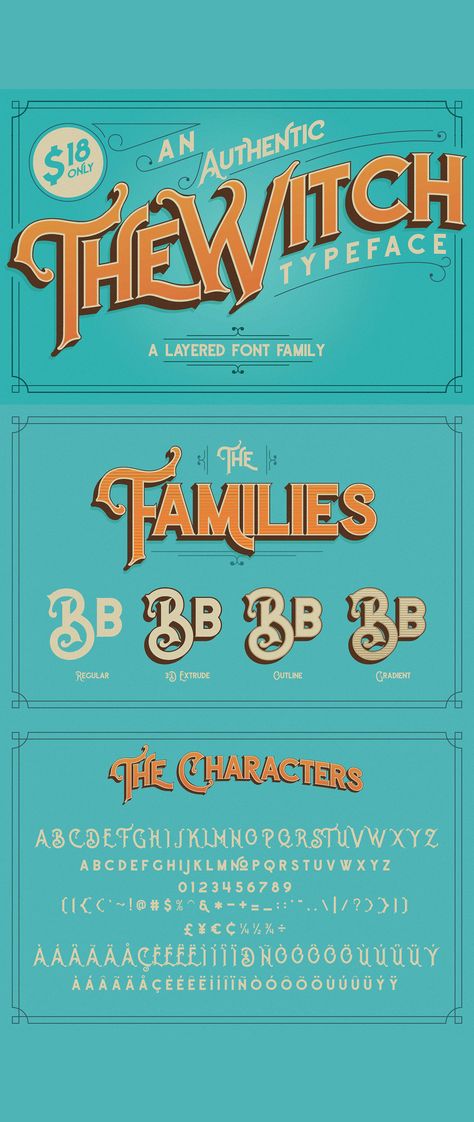 Inspired by the font of late 1800's, The Witch is a kind of layered font family with four styles. Regular, Outline, Gradient and 3D Extrude. Vintage atmosphere is very thick felt at this font. Circus, Carnival, coffee, cigarettes, and the barber is the objective of this font.  Fonts can also be used only with one style only. It would be very interesting if it is used for your design themed vintage, retro, and others.  Enjoy! Happy Designing! Clown Font, Circus Typography, Carnival Logo, Font Specimen, Carnival Font, Happy Halloween Font, Witch Font, Circus Dog, Circus Font