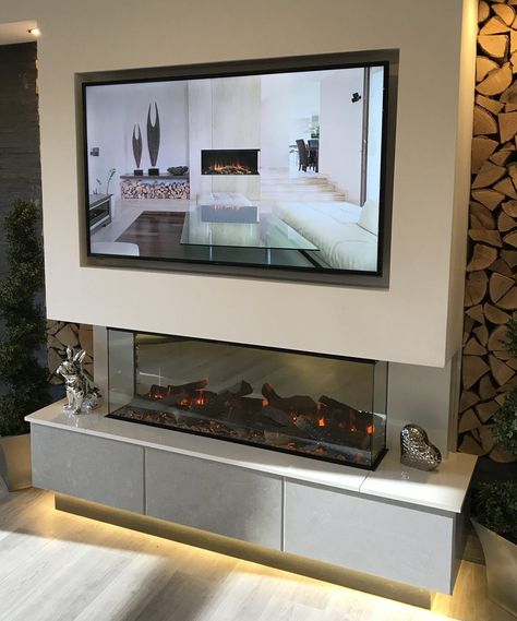 New Forest Electric Fire 1200 | British Fires Electric Fireplace With Storage Underneath, New Forest 1600 Electric Fire, British Fires New Forest, Shelves Tv Wall, Wall With Floating Shelves, Wall Unit Ideas, Tv Layout, Floating Shelves Tv Wall, Floating Shelves Tv