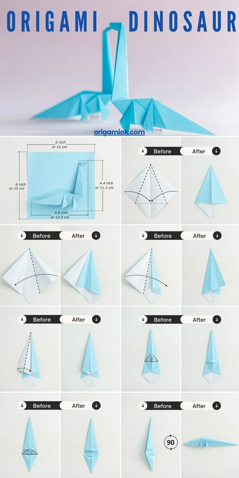 Origami Dinosaur Step By Step, Things To Fold Out Of Paper, Easy Oragami Things To Make, Origami Rectangle Paper, Origami For Kids Step By Step, Origami Dinosaur Easy, Cool Origami Step By Step, Origami Animals Step By Step, Cute Origami Step By Step