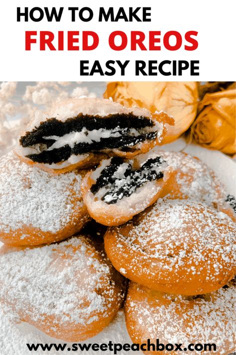 Easy Deep Fried Oreos Recipe - Sweet Peach Box Deep Fried Oreos Recipe, Fried Oreos Recipe, Oreo Recipes Easy, Deep Fried Oreo, Pancake Batter Recipe, Fried Oreo, Deep Fried Oreos, Easy Dessert Bars, Pancake Mix Recipe