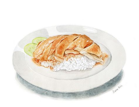 Chicken Rice (Asian/Hainan) - I Art Food Chicken Rice Illustration, Chicken Illustration Food, Rice Drawing, Meat Drawing, Rice Asian, Chicken Drawing, Chicken Illustration, Authentic Asian Recipes, Hainanese Chicken