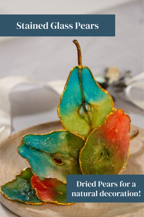 A full length video will walk you through every step to make these Stained Glass Pears to decorate your desserts and cakes with completely edible decorations! See how easy it is to make dried pears painted to look like stained glass! These beautiful dehydrated pears are completely edible, gorgeous, delicious, and so impressive on any dessert! #dehydratedfruit #pears #stainedglasspears #paintedpears #edibledecor #edible Dried Pear Cake, Pear Slices For Cake Decoration, Decorating With Pears, Candied Pears Recipe, Dehydrated Fruit Decorations, Pear Decorations, Dehydrated Pears, Candied Pears, Fantasy Recipes