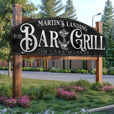 Bar and grill sign for business and home on black textured background with silver words that say Bar and grill . Outdoor Business Signs, Backyard Grilling Area, Backyard Restaurant, Billiards Room Decor, Rustic Signage, Business Signs Outdoor, Theater Room Decor, Garage Game Rooms, Hotel Signage