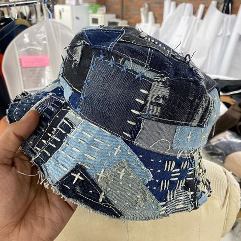 TYLERJEANS on Instagram: “Me n Sean had a whole patchwork/boro stitched capsule we were working on but we dubbed it. 🤷🏽‍♂️ Here some pics of the bucket tho lol…” Jean Bucket Hat Outfit, Denim Bucket Hat Pattern, Bucket Hat Custom, Patchwork Bucket Hat Diy, Denim Customization, Handmade Vintage Bucket Hat, Streetwear Patchwork, Upcycled Bucket Hat, Bucket Hats Denim