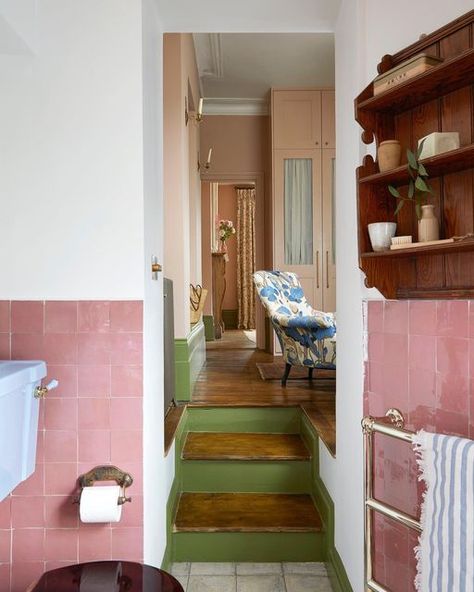 Pink Dressing Room, Dark Wood Bathroom, Kentish Town, Dark Woods, Pink Tiles, Pink Dark, Wood Bathroom, Perfect Pink, Wet Rooms