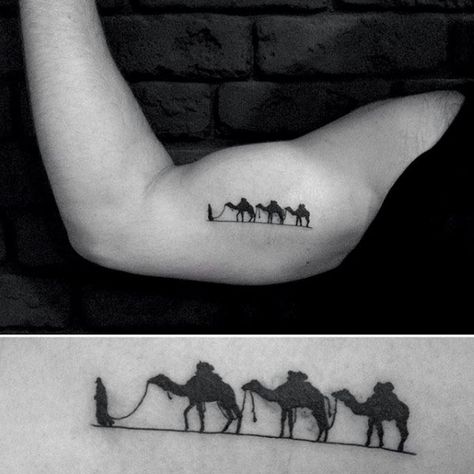 Three Camels Mens Inner Arm Bicep Tattoos Dubai Tattoo Ideas, Inner Bicep Tattoo Men Ideas, Desert Tattoo Ideas, Dubai Tattoo, Camel Tattoo, Desert Tattoo, Bicep Tattoos, Inner Bicep Tattoo, One Word Tattoos