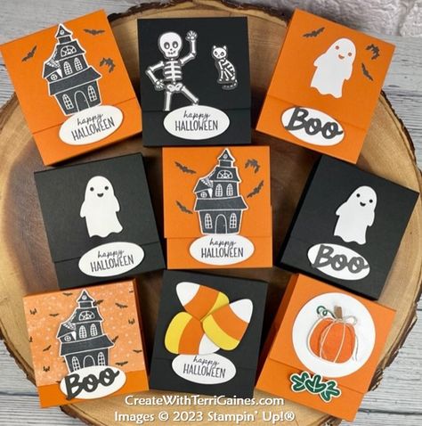 Halloween Treats Box Ideas, Stampin Up Halloween Treats, Matchbook Treat Holder, Stampin Up Treat Boxes Tutorials, Halloween Treat Holders Diy, Halloween Treat Holders To Make, Stampin Up Halloween Treat Holders 2023, Cricut Halloween Treats, Paper Craft Treat Holders