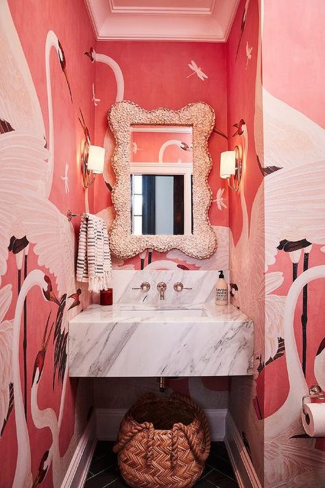 Bathroom Wallpaper Inspiration, Pink Powder Room, Black Powder Room, Bathroom Wallpaper Modern, Pink Flamingo Wallpaper, Wallpaper Accent Wall Bathroom, Estilo Kitsch, Pink Painted Walls, Contemporary Powder Room