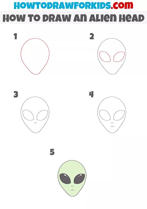 How to Draw an Alien Head - Easy Drawing Tutorial For Kids Psychadelic Easy Drawing, How To Draw An Alien Step By Step, How To Draw Alien, Easy Trippy Things To Draw Step By Step, Alien Painting Easy, Alien Face Drawing, Easy Alien Drawings, Alien Drawing Sketches, Alien Drawing Easy