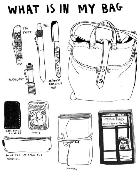 Keri Smith on Instagram: “What’s in your Bag?  Draw all of the things in your bag/purse.  What are your favorite things to carry?  What book would you carry with you…” Keri Smith, Backpack Drawing, Art Classroom Management, Bag Drawing, Travel Crafts, Bag Illustration, Japanese Drawings, Drawing Bag, In My Bag