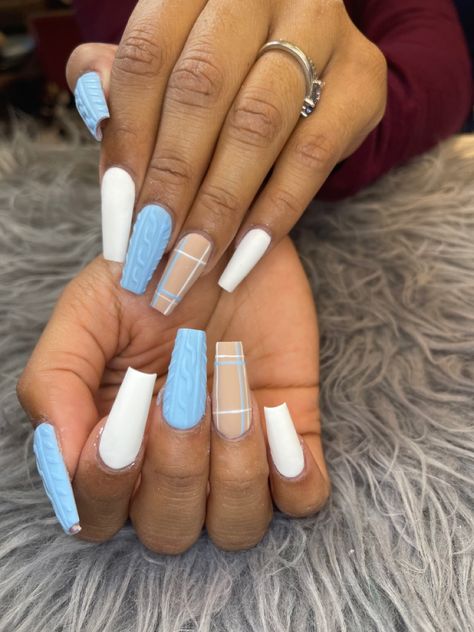 Acrylic Sweater Nails, Nail Ideas Sweater, Nails For Fall/winter, Full Set Nails Acrylic Winter, Acrylic Nails Ideas Winter Simple, November Nails Ideas Coffin, Acrylic Nails Square Blue, Sweater Plaid Nails, Medium Length Winter Nails