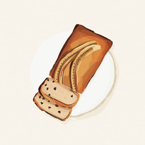 Banana Bread Illustration, Banana Bread Drawing, Bread Photoshoot, Food Edit, Food Illust, Bake Sale Packaging, Banana Bread Loaf, Stickers Journaling, Ayat Kursi