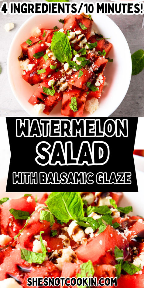 Watermelon salad in a white bowl with balsamic glaze and fresh mint. Watermelon Salad With Balsamic Vinegar, Watermelon Feta Salad Balsamic, Balsamic Glaze Recipe, Balsamic Glaze Recipes, Watermelon Salad Recipes, Homemade Appetizer, Fresh Summer Salad, Salad With Feta, Watermelon Feta Salad