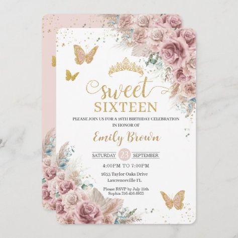 $3.16 | Sweet 16 Boho Blush Dusty Rose Floral Pampas Grass - sweet 16 sixteen 16th birthday, rustic boho pampas grass, beige flowers greenery, bohemian chic, blush dusty rose floral roses, elegant sweet girly butterflies, sweet 16 birthday party invites, 16th birthday editable template, budget economical printed invitation, gold glitter typography cards Sweet 16th Birthday Party Ideas, Budget Quinceanera, Lollipop Party, Quinceañera Invitations, Typography Card, Pink Quince, Beige Flowers, Quinceanera Invitation, 16th Birthday Invitations