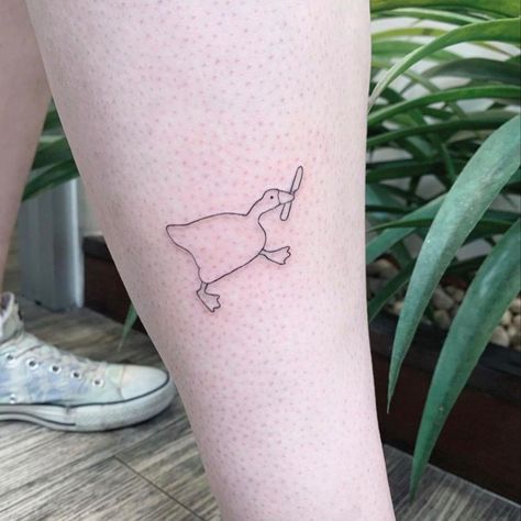 Derpy Animal Tattoos, Funny Duck Tattoo Ideas, Peace Was Never An Option Goose Tattoo, Goose Holding A Knife Tattoo, Funny Goose Tattoo, Duck With Sunglasses Tattoo, Goose Knife Tattoo, Small Funny Tattoos Simple, Funny Duck Tattoo