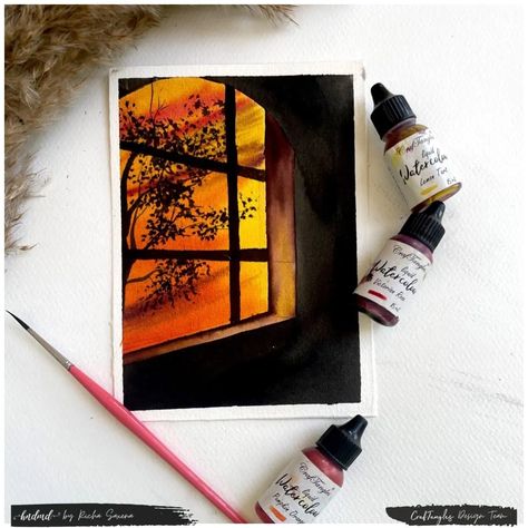 Sunset Through Window, Window Watercolor Painting, Watercolour Sunset, Window Watercolor, View From Window, Watercolor Painting Tutorial, Painting Sunset, Watercolor Sunset, Sunset View