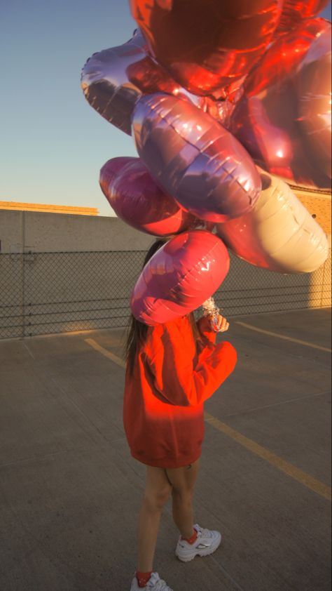 Pink Red Photoshoot, Heart Balloons Photoshoot, Cupid Photoshoot, Vday Photoshoot, Rooftop Photography, Rooftop Photoshoot, Valentine Photo Shoot, Valentines Balloons, Birthday Ideas For Her