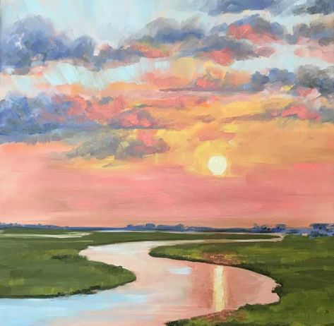 Marsh Landscape, Square Painting, Gouache Art, Landscape Paintings Acrylic, Arte Inspo, Nature Art Painting, Entertaining Ideas, Pinterest Ads, Sunset Painting