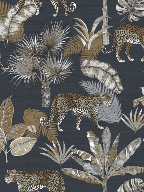 This Jungle Fever Leopard Wallpaper will bring a stylish exotic touch to your home. The design features illustrated style leopards in natural tones, amongst tropical palm trees and leaves in brown, grey and white with touches of subtle metallic gold. This is set on a deep navy blue background with a linear fabric effect textured finish. Easy to apply, this high quality paper would look great when used to create a stunning feature wall or to decorate a whole room. Free Wallpaper Samples, 3d Wallpaper Home, Charcoal Wallpaper, Tiger Wall Art, Tiger Wallpaper, Powder Bathroom, Animal Print Wallpaper, Downstairs Loo, Tropical Tree