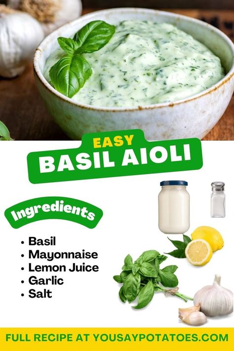 Have some extra basil in your garden? Make this easy Basil Aioli recipe! Traditional garlic aioli ingredients are mixed with the fresh basil for a bold sauce that's perfect for sandwiches, salmon, salads, and more. Best of all, it's easy to make from scratch in just a few minutes. Basil Garlic Aioli, Basil Pesto Aioli, Basil Sandwich Recipe, Fresh Basil Uses, Healthy Basil Pesto Recipe, What To Do With Fresh Basil, Recipes With Fresh Basil, Basil Mayo Recipe, Aioli Recipe Easy