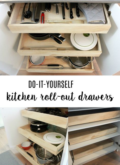 Diy Roll Out Shelves, Kitchen Drawers Diy, Custom Kitchen Drawers, Drawer Inspiration, Custom Shelf, Storage Wars, Sliding Shelves, Spice Drawer, Kitchen Drawer Organization