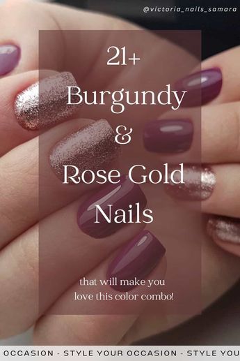 Looking for elegant burgundy nails with designs or glitter? You’ll love this list of burgundy and rose gold nails for every day wear or a special occasion. There’s short and simple almond nails, extravagant acrylic manicures with rose gold foil, glittery French tips, and everything in between! Fall Nails With Rose Gold, Wedding Nails For Burgundy Dress, Nail Ideas For Burgundy Dress, Burgandy Short Nail Designs, Nails For Mauve Dress, Fall Mauve Nail Designs, Winter Nails Pink Rose Gold, Rose Gold Nails Design Classy Acrylic, Gel Nails Rose Gold