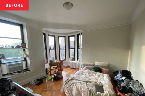 Before: a white bedroom with bay windows in the corner Boho Remodel, Brooklyn Bedroom, Renovation Apartment, Rental Bedroom, Diy Barbecue, Revamp Furniture, Rv Renovation, Wood Parquet Flooring, Floral Chair