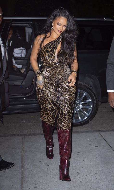 Leopard Print Boots Outfit, Snakeskin Boots Outfit, Rihanna Dress, Fall Fashion Boots, Dress And Boots, Rihanna Photos, Fierce Fashion, Rihanna Riri, Leopard Print Boots