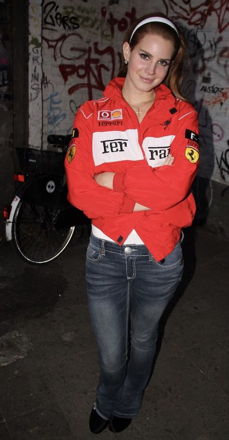 Lana Del Rey Racing Jacket Outfit, Lana Del Rey Ferrari, Lana Del Rey Mclaren Jacket, Lana Del Rey Ferrari Jacket, Lana Del Rey Racing Jacket, Lana Del Rey Biker Jacket, Lana Del Rey Red Ferrari Jacket, Vintage Jacket Outfit, Lana Del Rey Concert