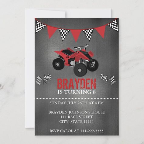 Chalkboard Four Wheeler, ATV Birthday Invitation  Zazzle Atv Birthday Party Ideas, 4 Wheeler Birthday Party, Four Wheeler, 4 Wheelers, Four Wheelers, 4 Wheeler, Acrylic Art Print, Metal Art Prints, Disney Gifts