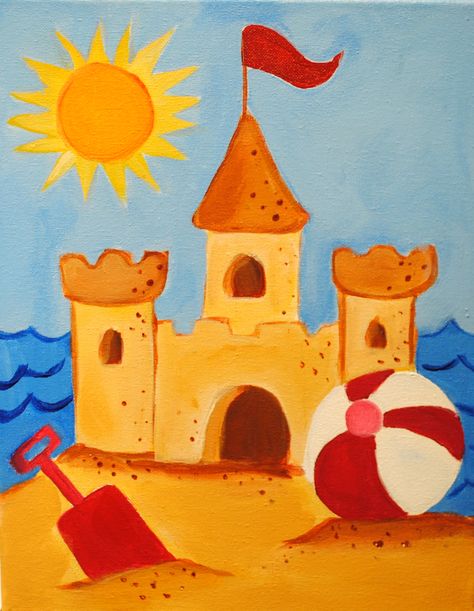 Painting and Pinot - "Castle" www.PaintingandPinot.com Summer Painting Ideas For Kids, Easy Summer Painting Ideas, Summer Painting Ideas, Beach Art Diy, Painting Ideas For Kids, Castle Painting, Kids Canvas, Summer Painting, Camp Ideas