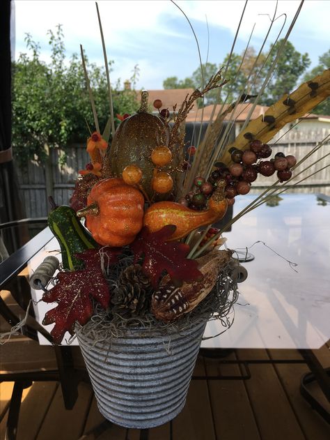 Fall metal bucket centerpiece Metal Bucket Table Centerpiece, Metal Bucket Centerpieces, Fall Tin Bucket Decor, Metal Bucket Fall Decor, Christmas Centerpieces Metal Bucket, Bucket Crafts, Fall Boards, Thanksgiving Projects, Metal Bucket