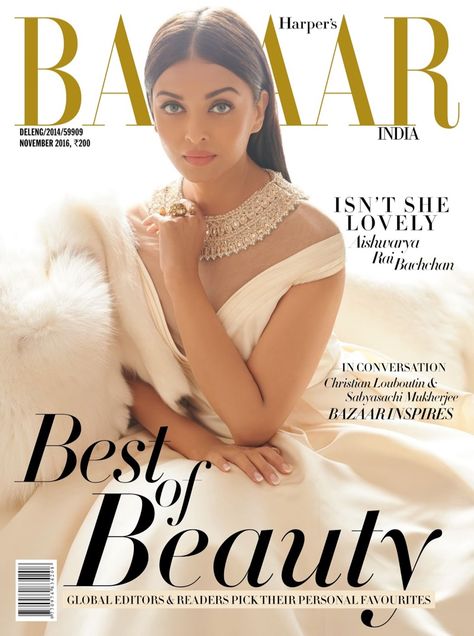 Aishwarya Rai Bachchan on Harper's Bazaar India November 2016 Cover Aishwarya Rai Bachchan, Vogue India, Fashion Cover, Harper’s Bazaar, Aishwarya Rai, Gowns Of Elegance, Bollywood Girls, India Fashion, Harper's Bazaar