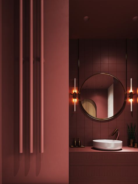 Burgundy Bathroom, Design Interior Baie, Design Interior Modern, Modern Bathroom Lighting, Contemporary Bathroom Designs, Bad Inspiration, Decor Baie, Bathroom Red, Trendy Bathroom