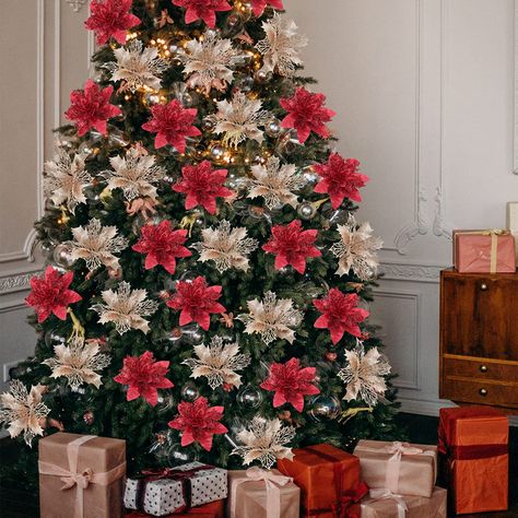 Amazon.com: Serwalin 20Pcs Christmas Tree Flowers Rose Gold Poinsettia 5.5/ 6.3 Inch Christmas Tree Ornament, Xmas Garland Decoration Red Artificial Flowers for Christmas Tree, Outdoor Party Flowers : Home & Kitchen Christmas Trees Decorated With Poinsettias, Christmas Tree With Poinsettia Flowers, Flowers For Christmas Tree, Flowers For Christmas, Christmas Tree Outdoor, Christmas Tree Poinsettia, Xmas Garland, Christmas Tree Flowers, Christmas Tree Inspo