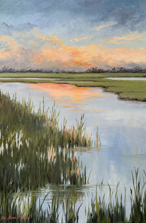 Archived Works Country Art Aesthetic, Art Inspiration Landscape, Greenery Landscape Painting, Landscape Refrence Pictures, Watercolor Art Landscape Flowers, Marsh Watercolor Paintings, Lake Painting Ideas, Marsh Landscape, Country Side Painting