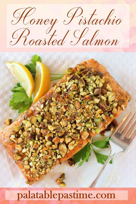 Honey Pistachio Roasted Salmon – Palatable Pastime Palatable Pastime Honey Pistachio Crusted Salmon, Salmon With Pistachio, Salmon With Pistachio Crust, Pistachio Salmon Recipes, Pistachio Salmon, Honey Pistachio, Salmon Recipes Oven, Pistachio Crusted Salmon, Oven Roasted Salmon