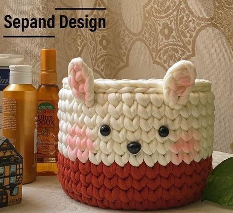 Recycled (t-shirt) yarn basket container-104 Crochet pattern by Sepand Design Animal Noses, Yarn Basket, Recycled T Shirts, Paintbox Yarn, T Shirt Yarn, Plastic Animals, Crochet Hook Sizes, Love Crochet, Crochet Basics