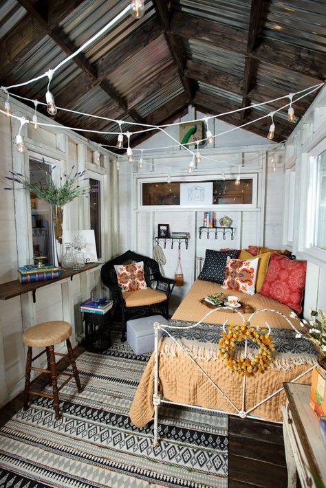 Glamping Shed Interior, Shed Interior Design Ideas Home, Small Shed Living Space, 10x12 She Shed Interior, Living In A Shed Interiors, She Shed Boho, She Shed House Tiny Homes, She Shed Studio Ideas, Renovated Shed House