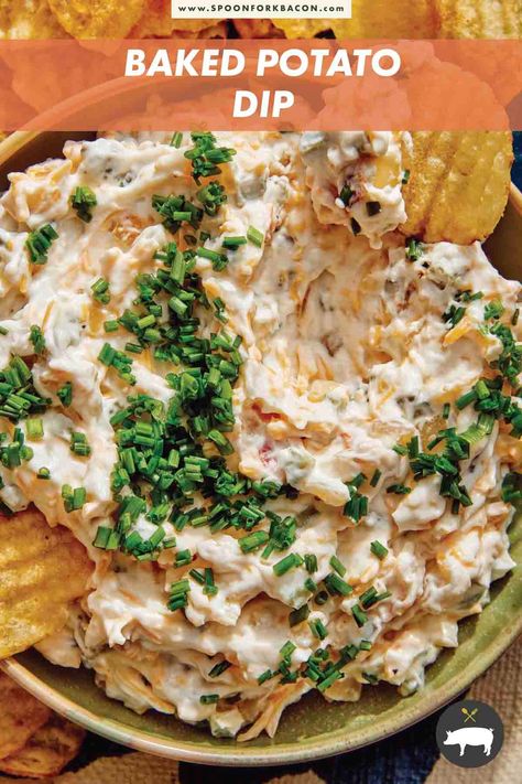 Bacon, cheese, caramelized onions, and chives are all combined in a creamy loaded baked potato dip that takes just 20 minutes from start to finish! #appetizer #dip #easyappetizer #entertaining #recipe Best Potato Chip Dip Recipe, Potato Appetizer Recipes, Loaded Potato Dip, Chive Dip Recipes, Potato Chip Dip, Loaded Baked Potato Dip, Best Potato Chips, Dip For Potato Chips, Potato Dip